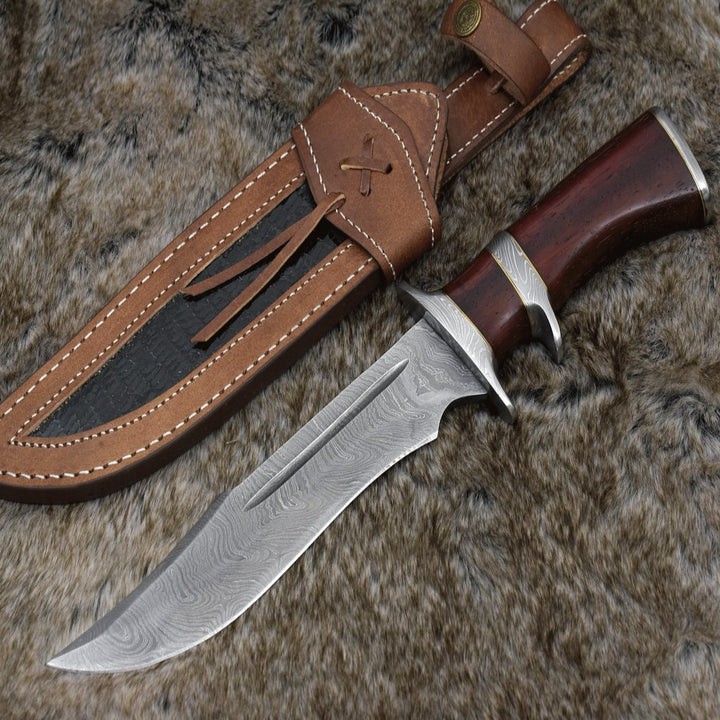 Utility Knife - Tide Damascus Bowie Knife with Exotic Red Heart Wood Handle &amp; Sheath - Shokunin USA