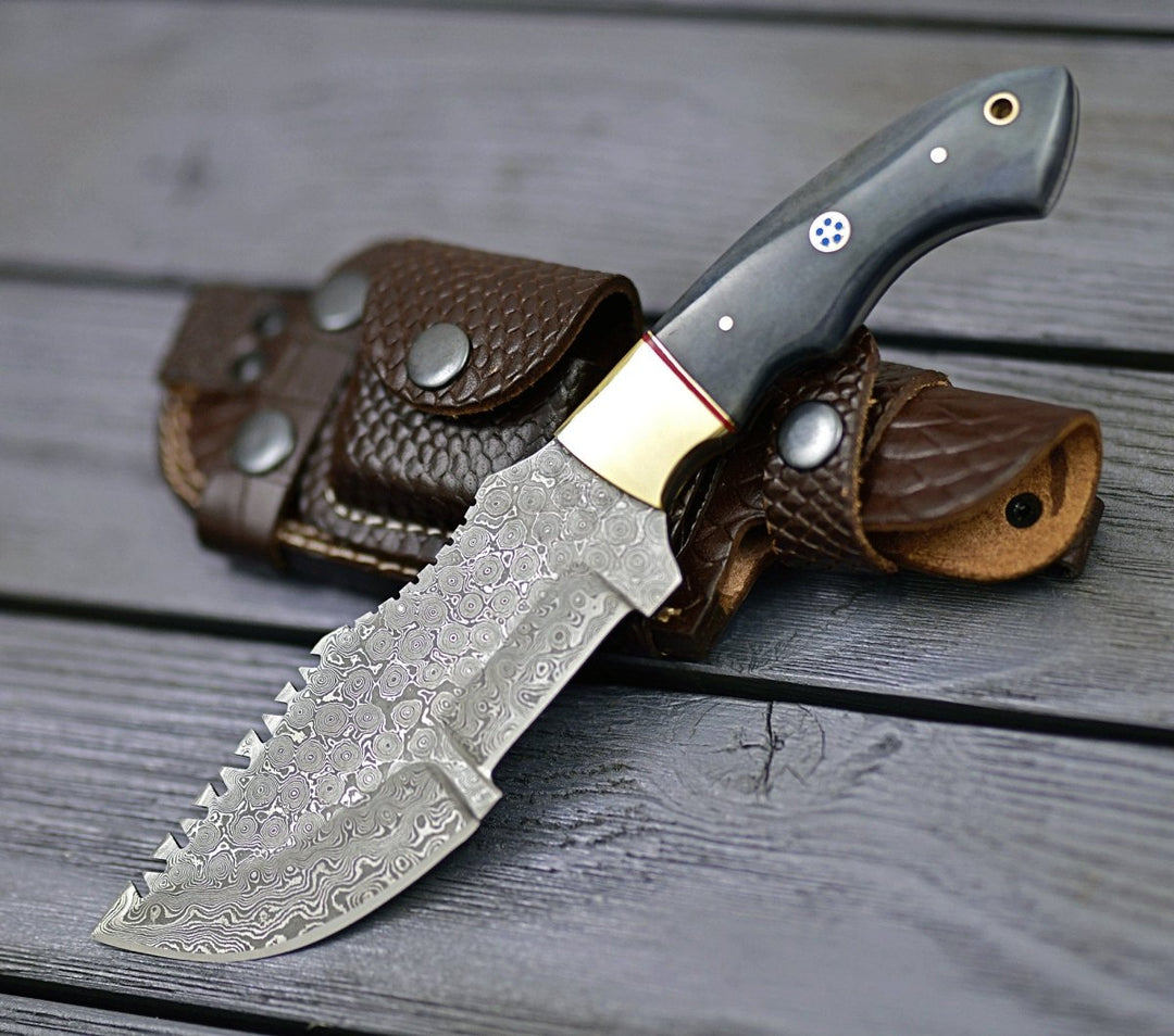 Damascus Knife - TrailMaster Tracker Knife with Brass &amp; Bone Handle - Shokunin USA