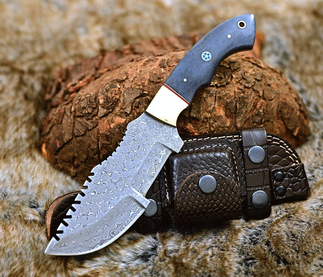 Damascus Knife - TrailMaster Tracker Knife with Brass &amp; Bone Handle - Shokunin USA