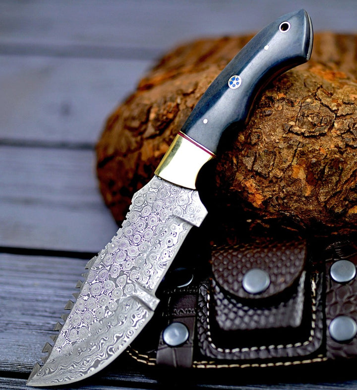 Damascus Knife - TrailMaster Tracker Knife with Brass &amp; Bone Handle - Shokunin USA