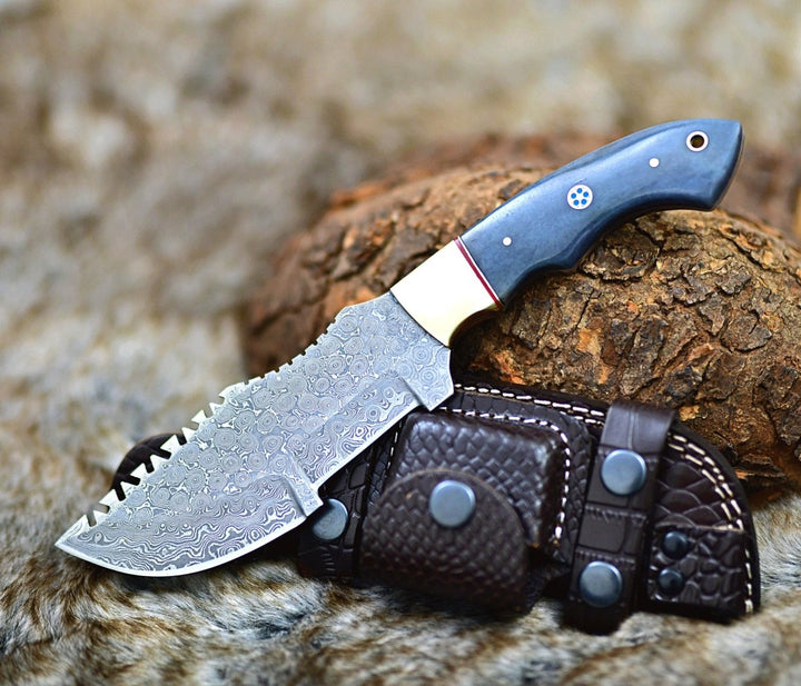 Damascus Knife - TrailMaster Tracker Knife with Brass &amp; Bone Handle - Shokunin USA