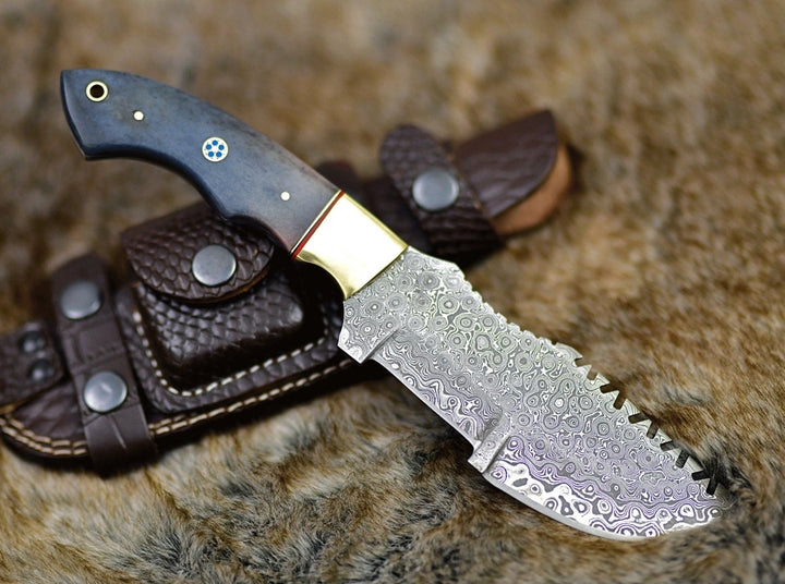 Damascus Knife - TrailMaster Tracker Knife with Brass &amp; Bone Handle - Shokunin USA