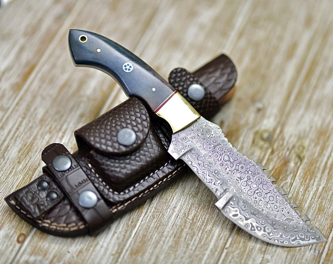 Damascus Knife - TrailMaster Tracker Knife with Brass &amp; Bone Handle - Shokunin USA