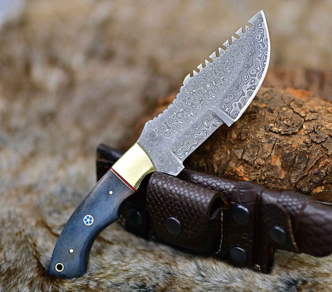 Damascus Knife - TrailMaster Tracker Knife with Brass &amp; Bone Handle - Shokunin USA