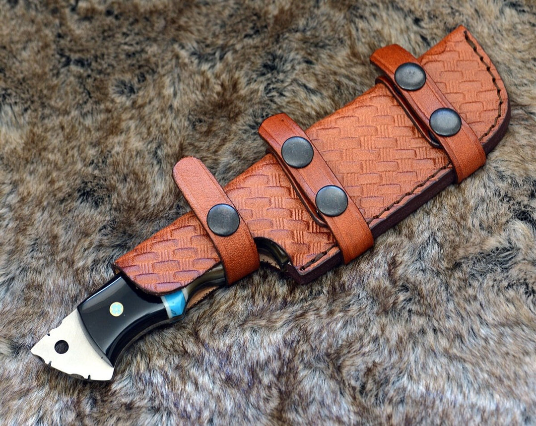 Utility Knife - Vertex Damascus Gut Hook Knife with Ram Horn &amp; Turquoise Handle - Shokunin USA