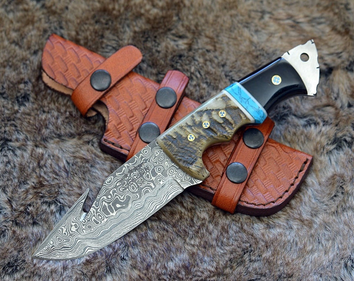 Utility Knife - Vertex Damascus Gut Hook Knife with Ram Horn &amp; Turquoise Handle - Shokunin USA