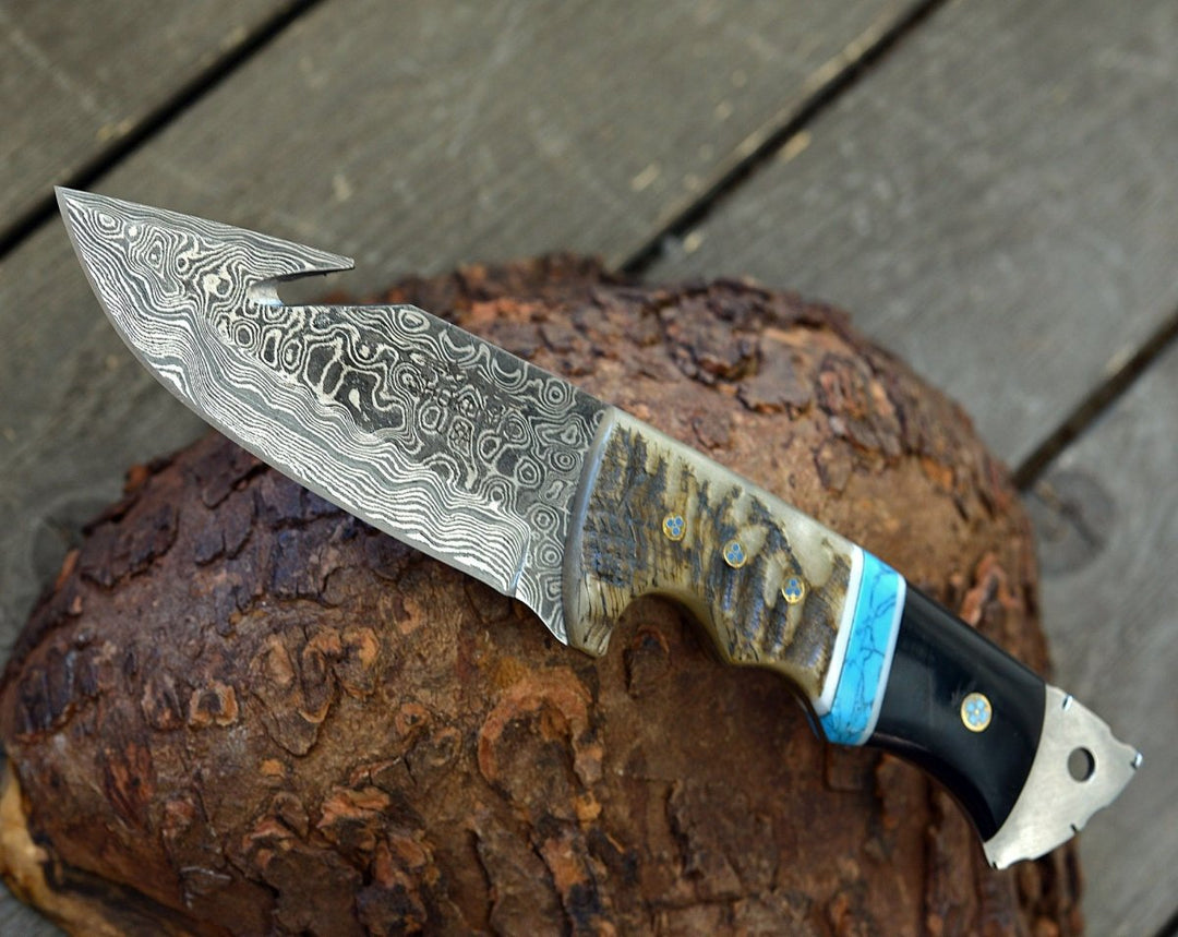Utility Knife - Vertex Damascus Gut Hook Knife with Ram Horn &amp; Turquoise Handle - Shokunin USA