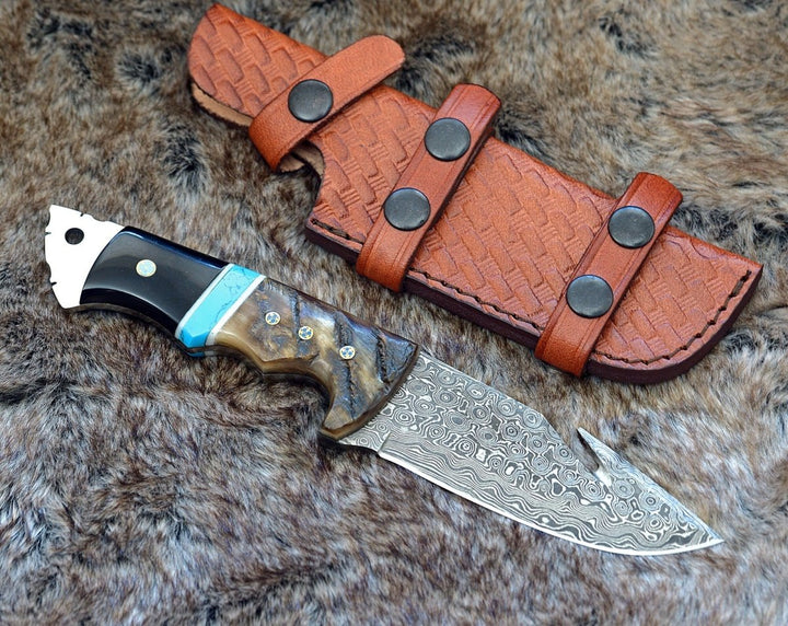 Utility Knife - Vertex Damascus Gut Hook Knife with Ram Horn &amp; Turquoise Handle - Shokunin USA