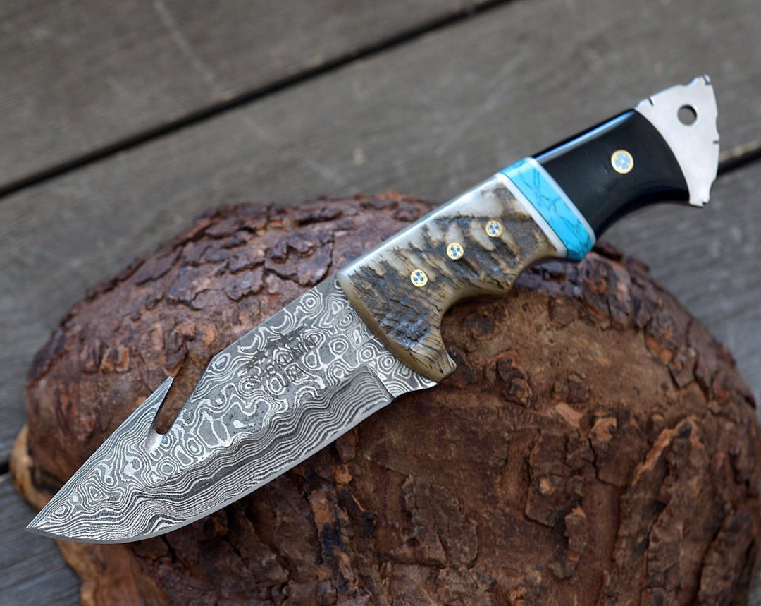 Utility Knife - Vertex Damascus Gut Hook Knife with Ram Horn &amp; Turquoise Handle - Shokunin USA