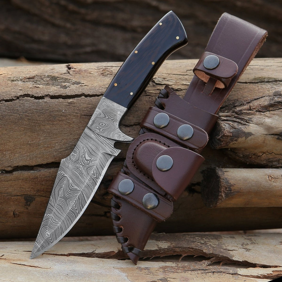 Damascus Knife - Vesper Damascus Hunting Knife with Exotic Wenge Wood Handle &amp; Sheath - Shokunin USA