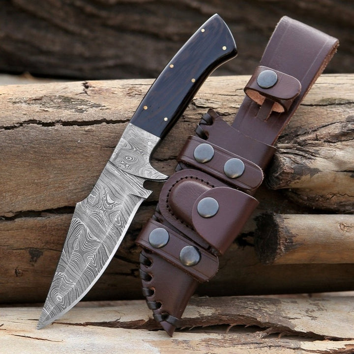 Damascus Knife - Vesper Damascus Hunting Knife with Exotic Wenge Wood Handle &amp; Sheath - Shokunin USA