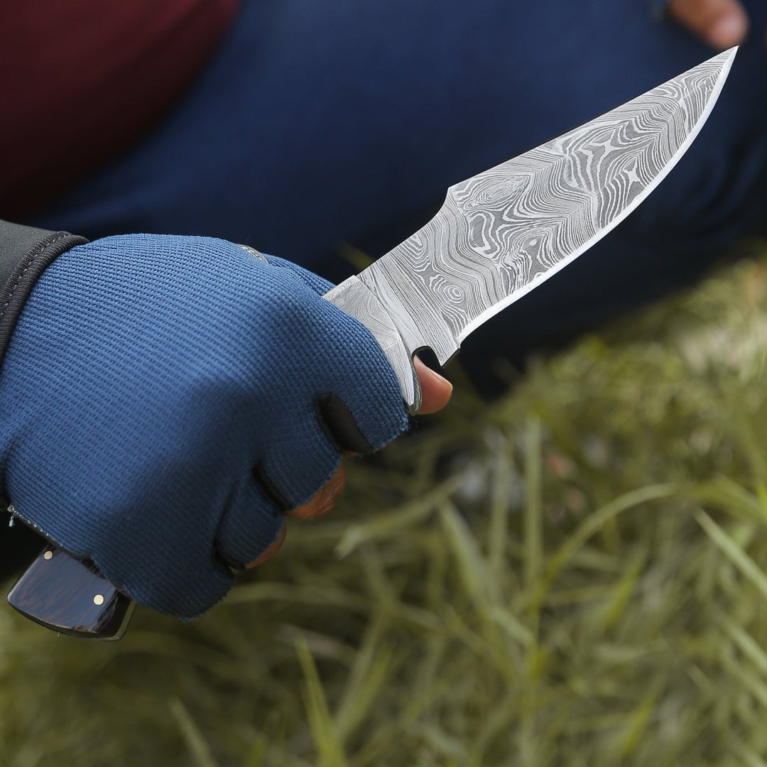 Damascus Knife - Vesper Damascus Hunting Knife with Exotic Wenge Wood Handle &amp; Sheath - Shokunin USA