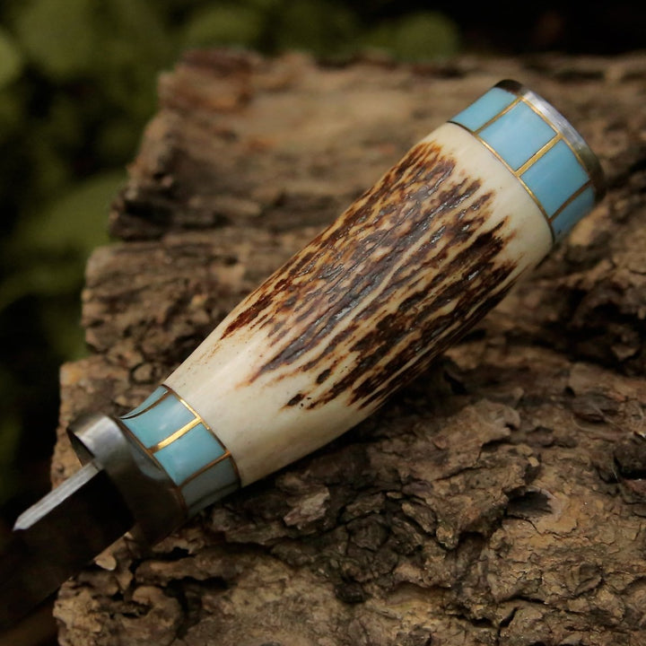 Viral Bull Nose Hunting Knife with Antler &amp; Turquoise Handle - Shokunin USA