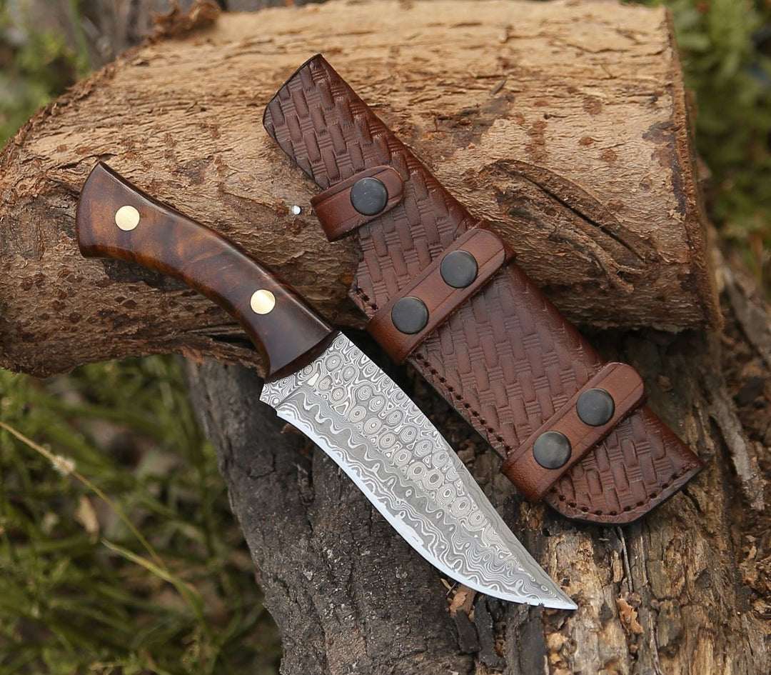 Virtue Damascus Hunting Knife Fixed Blade with Exotic Rose Wood Handle - Shokunin USA