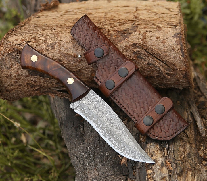 Virtue Damascus Hunting Knife Fixed Blade with Exotic Rose Wood Handle - Shokunin USA