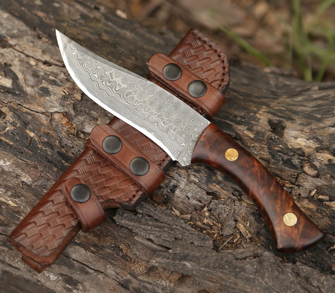 Virtue Damascus Hunting Knife Fixed Blade with Exotic Rose Wood Handle - Shokunin USA