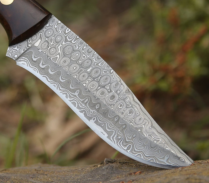 Virtue Damascus Hunting Knife Fixed Blade with Exotic Rose Wood Handle - Shokunin USA
