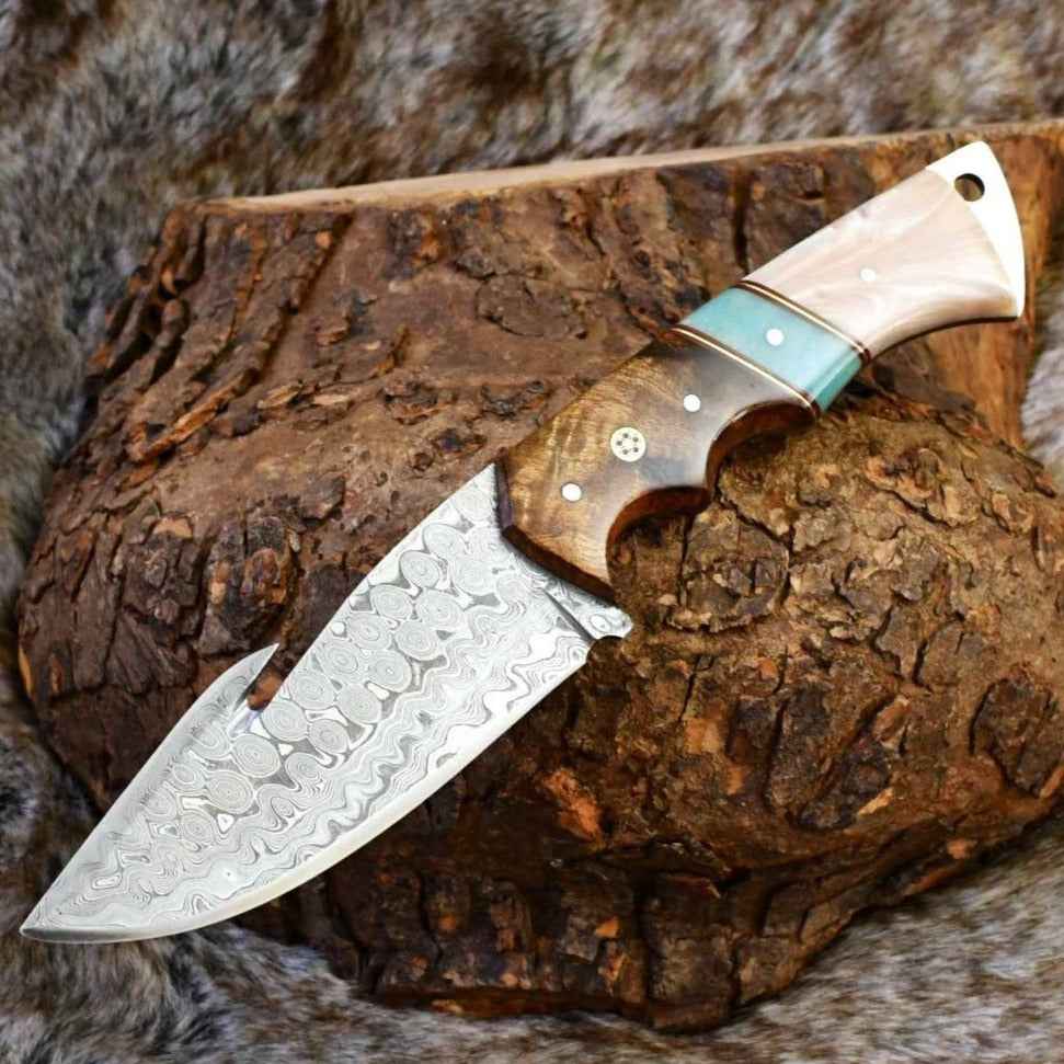 Voyager Damascus Gut Hook Knife with Exotic Rose Wood and Mother of Pearl Handle - Shokunin USA