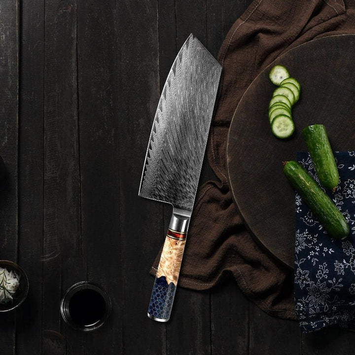 Cleaver knives - Yamato VG10 Damascus Cleaver Knife with Exotic Olive Wood &amp; Honeycomb Composite Handle - Shokunin USA