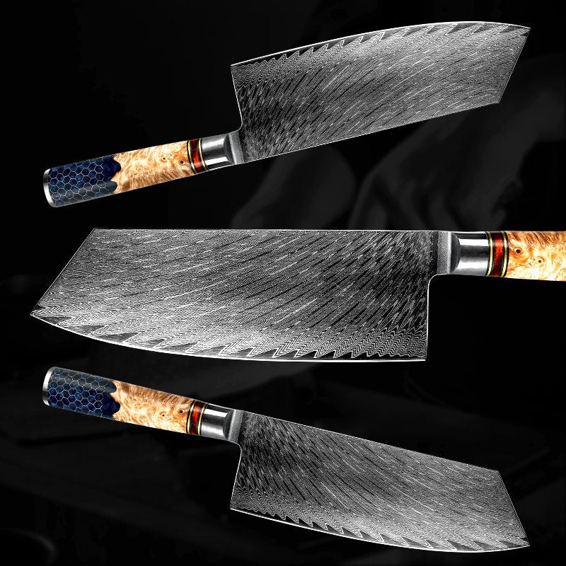 Cleaver knives - Yamato VG10 Damascus Cleaver Knife with Exotic Olive Wood &amp; Honeycomb Composite Handle - Shokunin USA