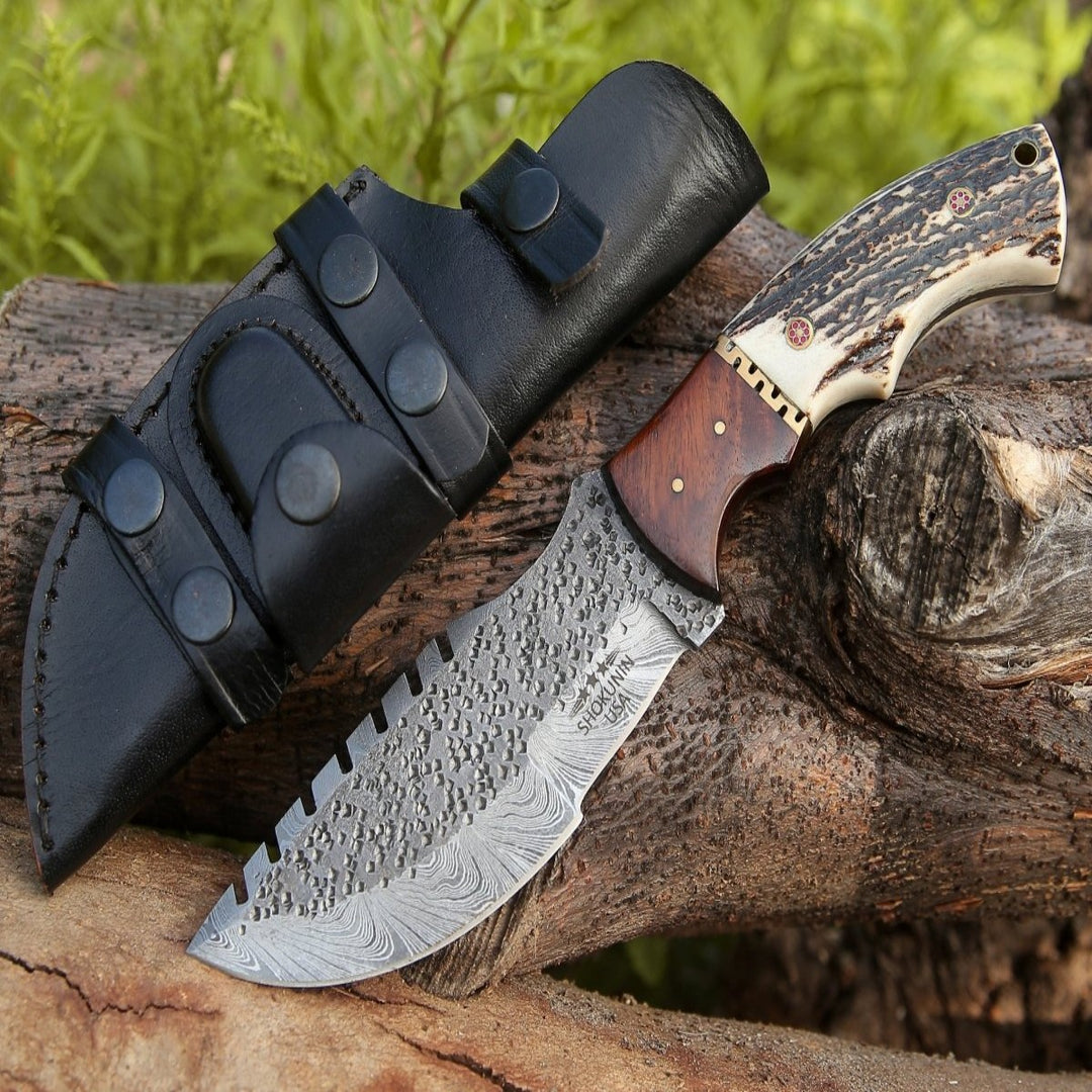 Zeus Tracker Knife with Antler & Rose wood Handle - Shokunin USA