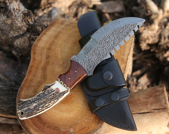 Zeus Tracker Knife with Antler &amp; Rose wood Handle - Shokunin USA